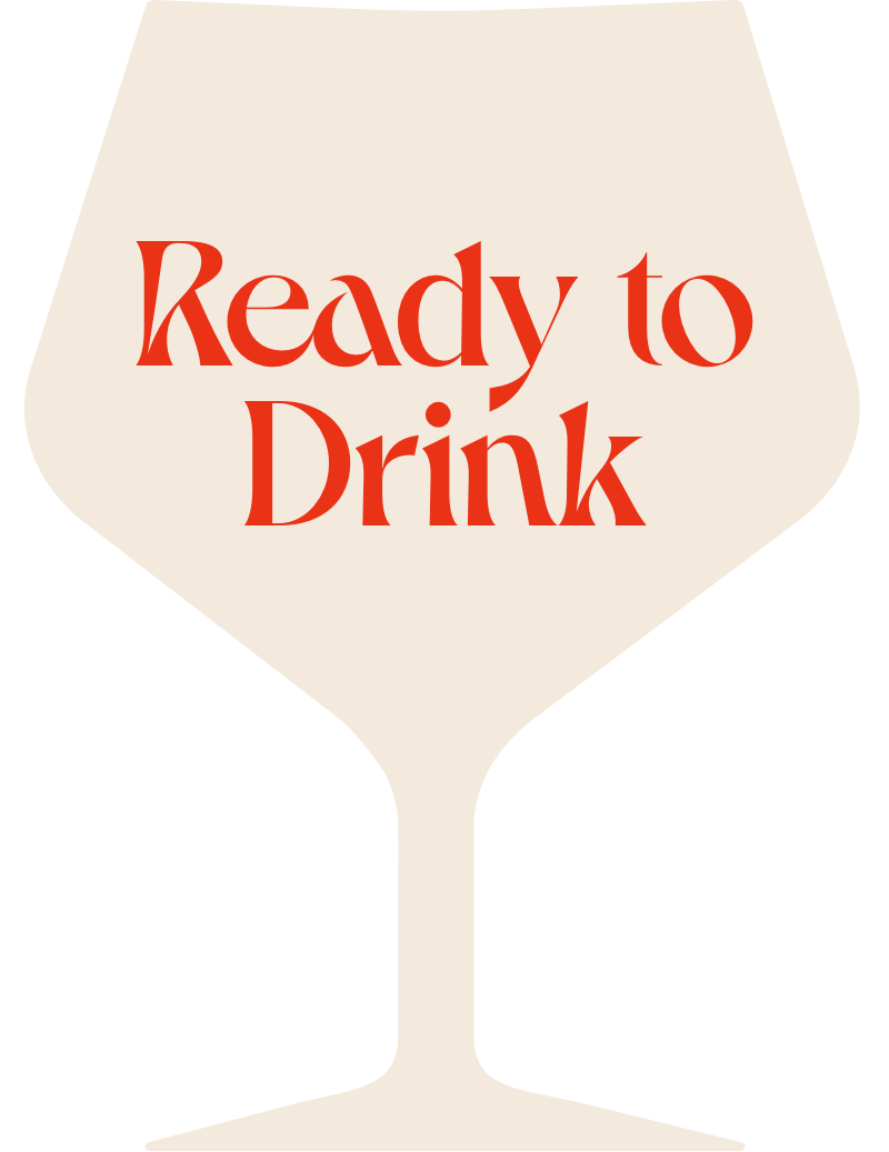 A mixed drink glass that reads "Ready to Drink"